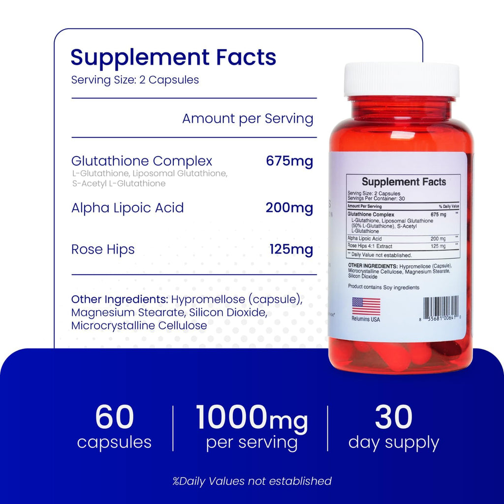 Relumins Advanced Patented Tri-Form Glutathione Complex 1000 mg - Fast-Absorb L-Glutathione, S-Acetyl & Liposomal + Alpha-Lipoic Acid & Rose Hips - Made in USA