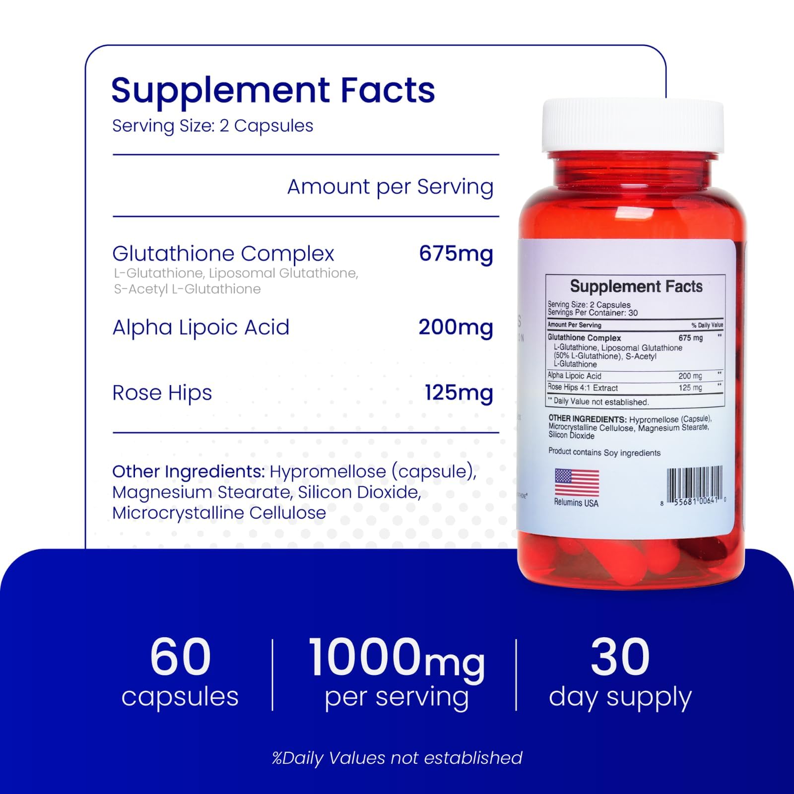 Relumins Advanced Patented Tri-Form Glutathione Complex 1000 mg - Fast-Absorb L-Glutathione, S-Acetyl & Liposomal + Alpha-Lipoic Acid & Rose Hips - Made in USA