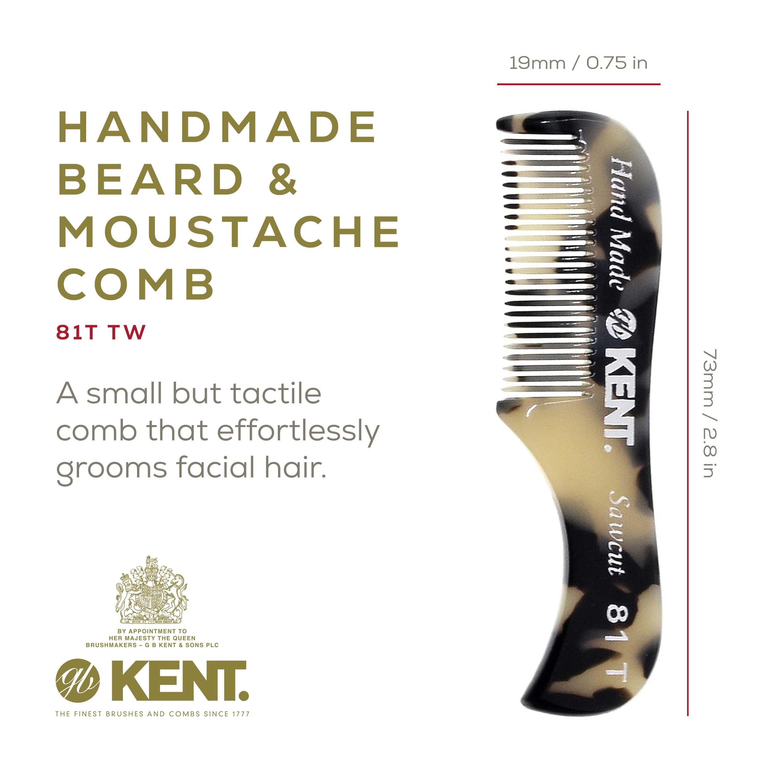 Kent A 81T TW X-Small Gentleman's Beard and Mustache Pocket Comb, Fine Toothed Pocket Size for Facial Hair Grooming and Styling. Saw-cut of Cellulose Acetate, Hand Polished. Hand-Made in England