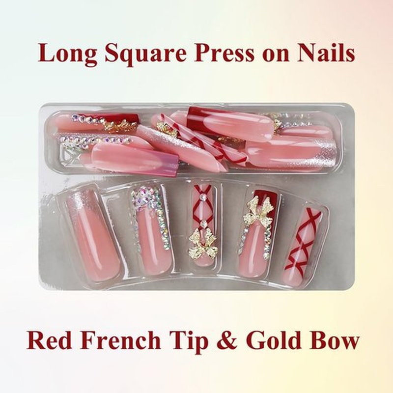MISUD Press on Nails - Long Square Fake Nails with Red French Tip, Acrylic Bow Rhinestone Design 24 pcs