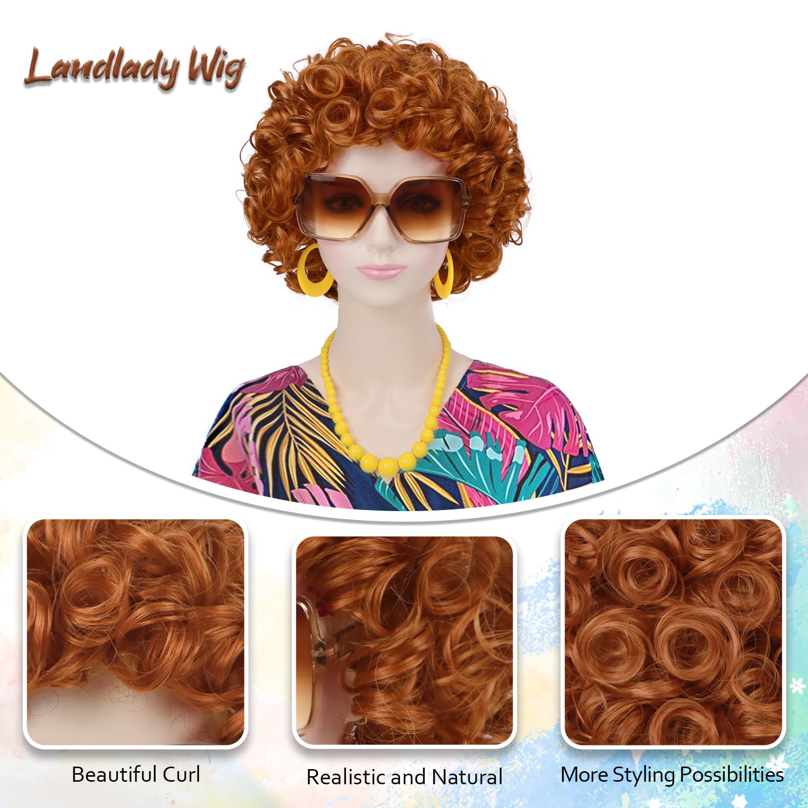 Yargel Hair Orange Wig for Women Landlady Costume Red Orange Curly Synthetic Wig With Yellow Jewelry Necklace+Earrings+Glasses Ginger Wigs For Cospaly Halloween Party Use