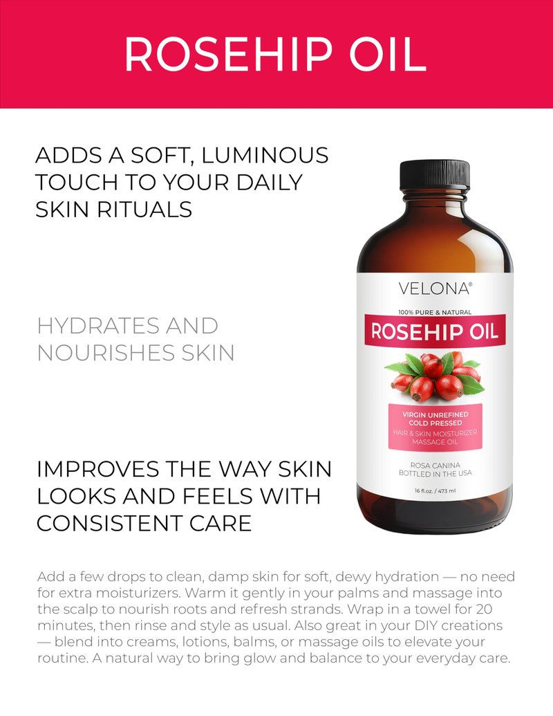 velona Rosehip Oil - 16 Fl Oz in Glass Bottle | 100% Pure and Natural Carrier Oil| Unrefined, Cold Pressed, Hexane Free | Moisturizing Face, Hair, Body, Skin Care, Stretch Marks, Scars…