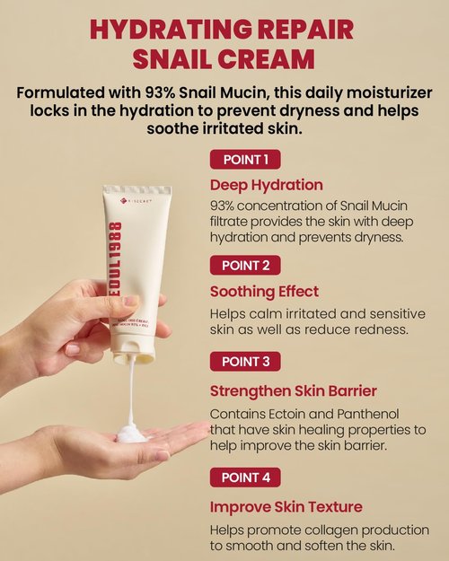 K-SECRET SEOUL 1988 Snail Mucin 93% Cream – Concentrated Yet Lightweight Formula Infused with 93% Snail Mucin | Non-Sticky & Fast-Absorption Facial Cream | Korean Skincare, 100ml / 3.38 fl oz
