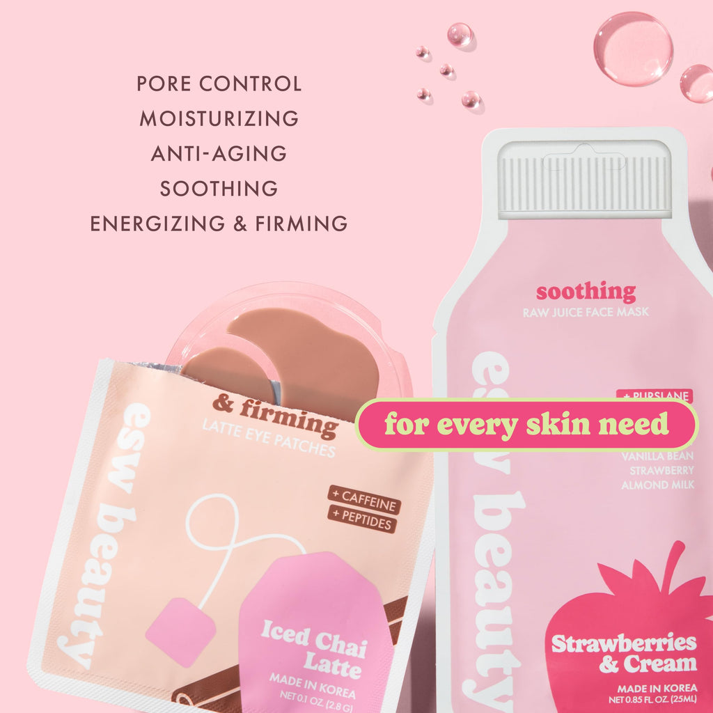 ESW Beauty Most Loved K Beauty Skincare Set - Korean Face Masks & Under Eye Patches - Iced Chai Latte Eye Patches - Strawberries & Cream, Deep Detox, The Pink Dream, & Green Reset Face Masks
