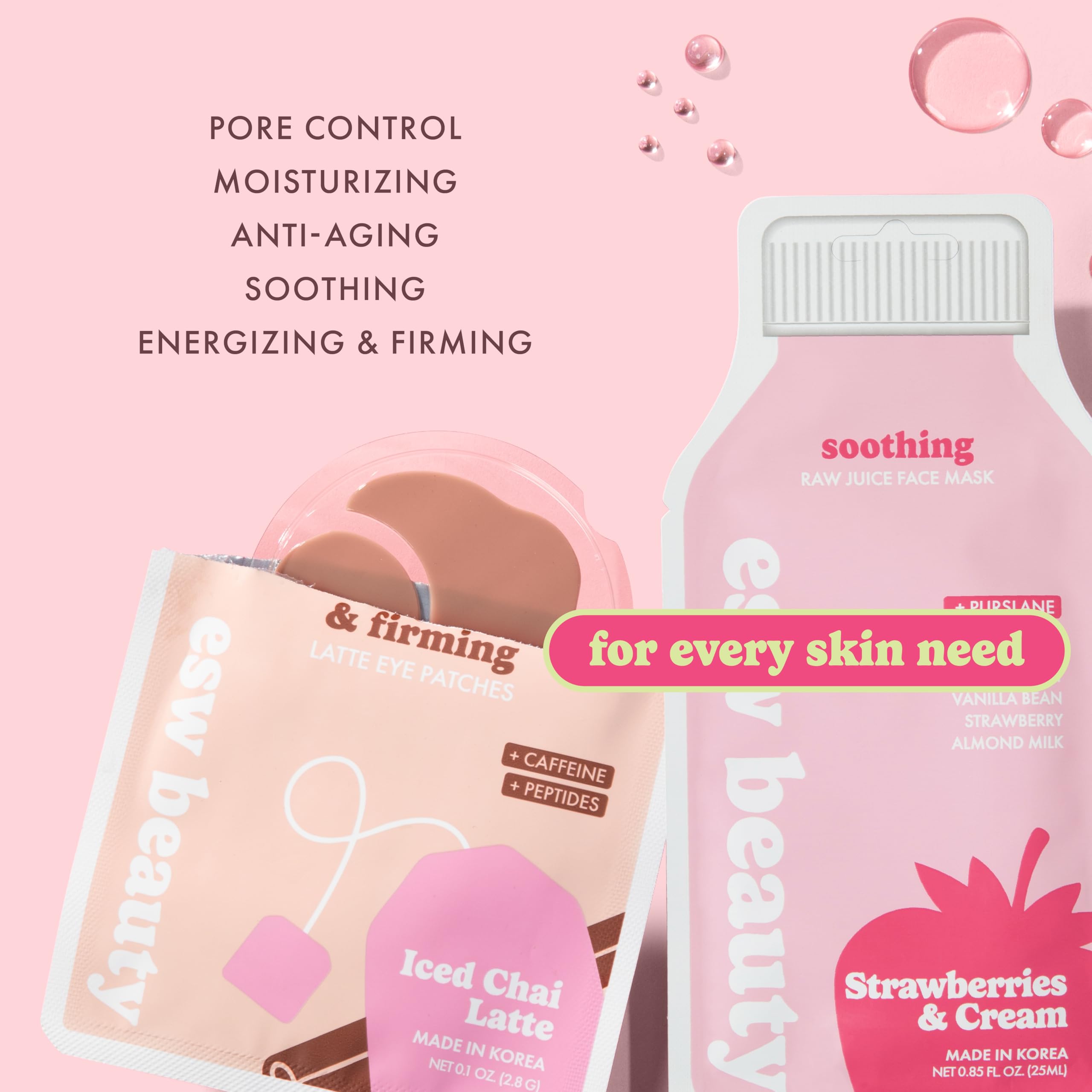 ESW Beauty Most Loved K Beauty Skincare Set - Korean Face Masks & Under Eye Patches - Iced Chai Latte Eye Patches - Strawberries & Cream, Deep Detox, The Pink Dream, & Green Reset Face Masks