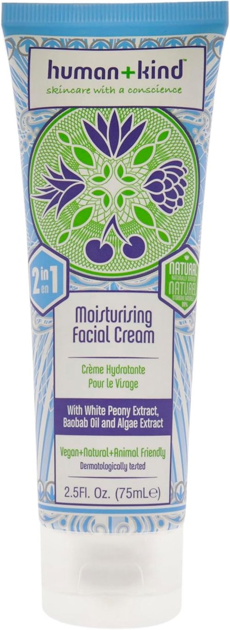 Human+Kind Moisturizing Facial Cream - Nourishing & Lightweight Daily Hydration - White Peony Extract - 2.5 oz