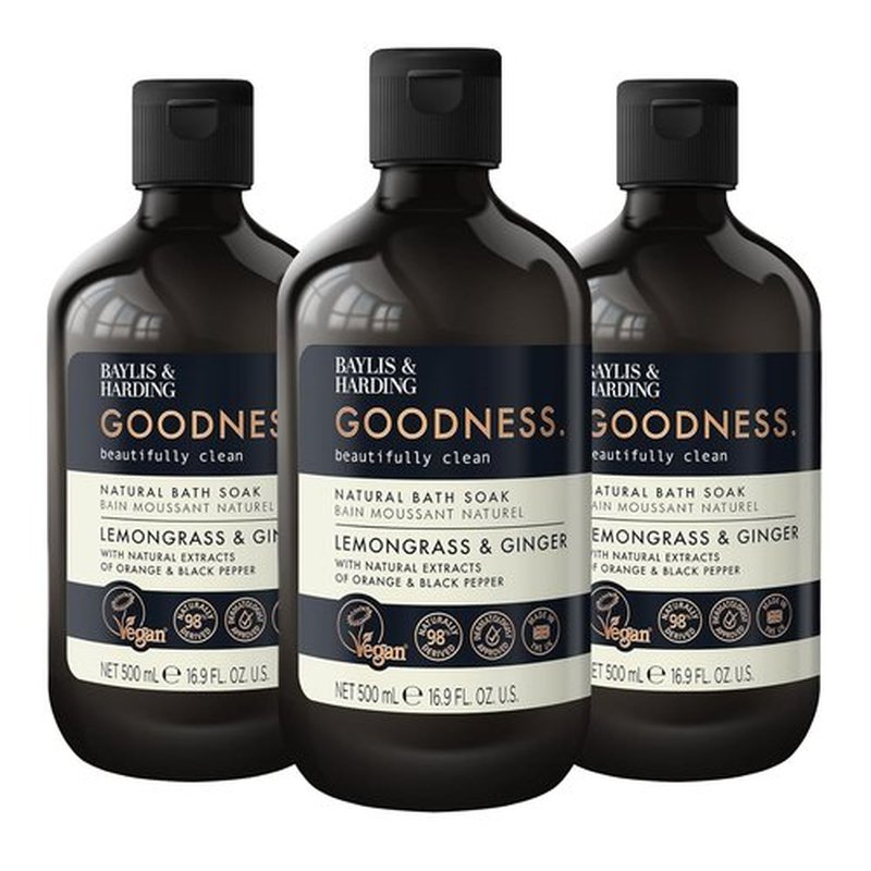 Baylis & Harding Goodness Bubble Bath - Lemongrass & Ginger | Vegan-Friendly, Biodegradable, 16.9 fl. oz (Pack of 3)