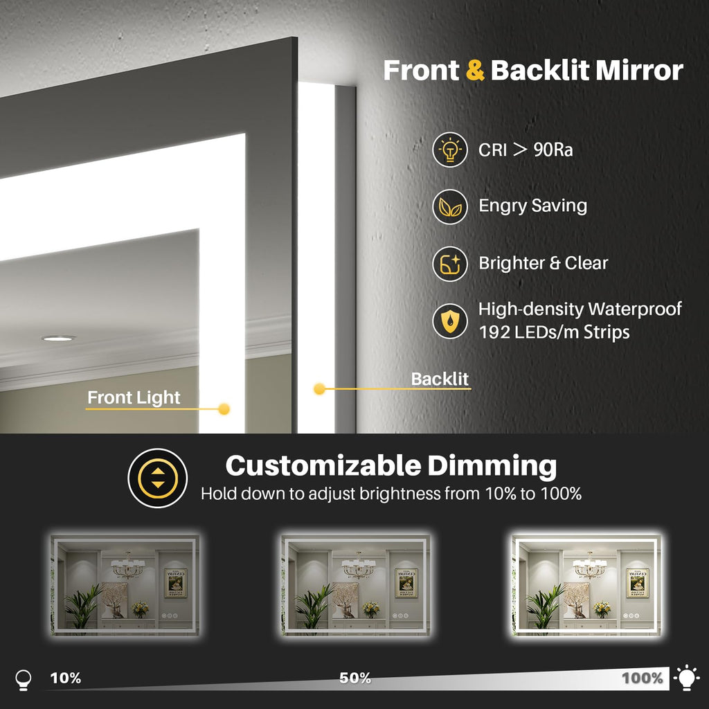 Briivue 60x40 LED Bathroom Mirror, Dual Lit Anti-Fog Wall Vanity Mirror