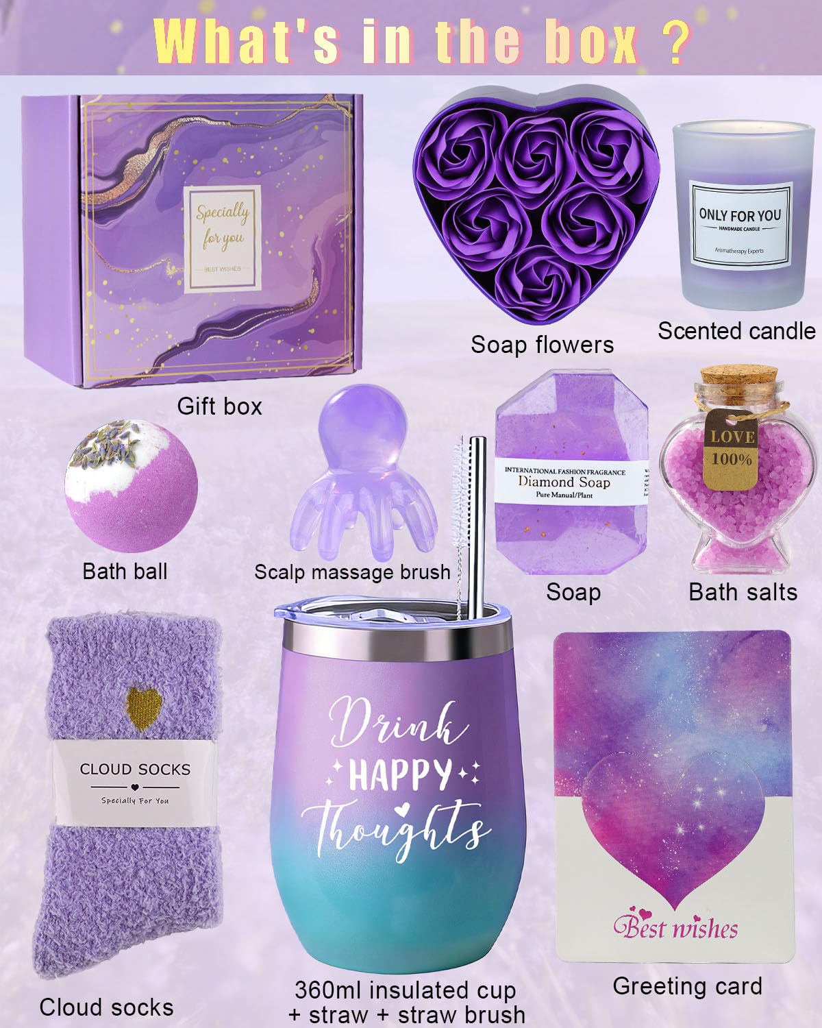 Birthday Gifts for Women Self Care Gift, Relaxing Care Package Spa Gift Basket, Valentines Day, Mothers Day, Christmas, Birthday Gifts for Women Mom Her Friend Sister Wife (Lavendel)