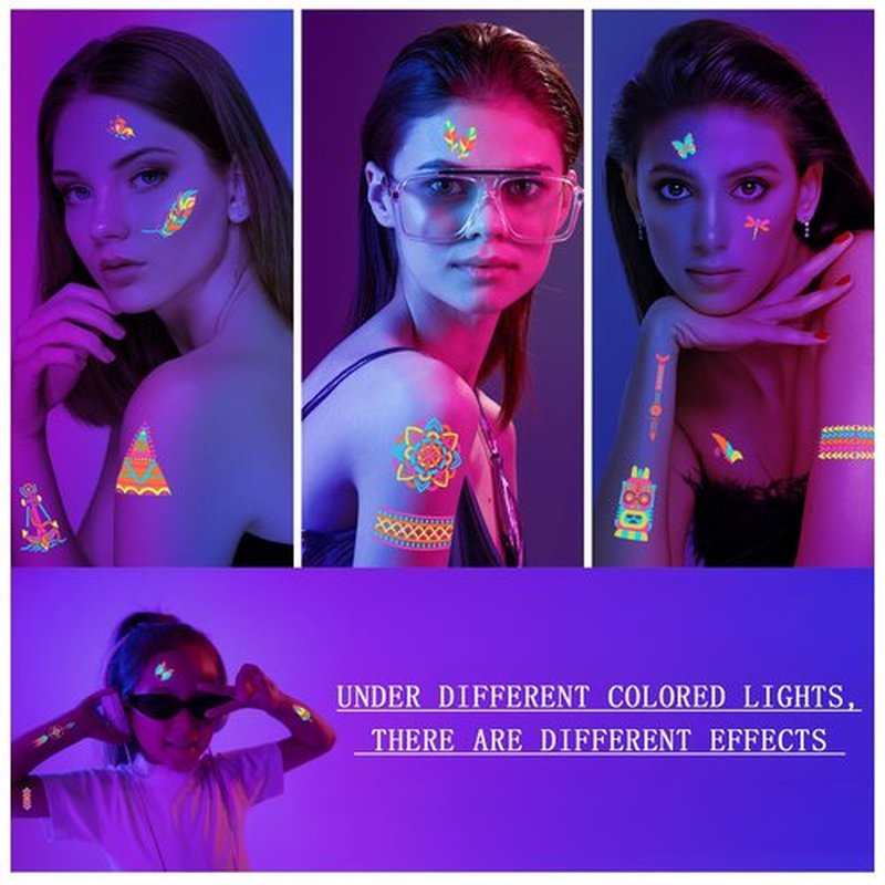 201pcs Glow In the Dark Tattoos for Party Supplies, Glow Temporary Tattoos Under Neon UV Blacklight for Kids Teens and Adult, Glow in The Dark Party Decorations, Glow Party Favors