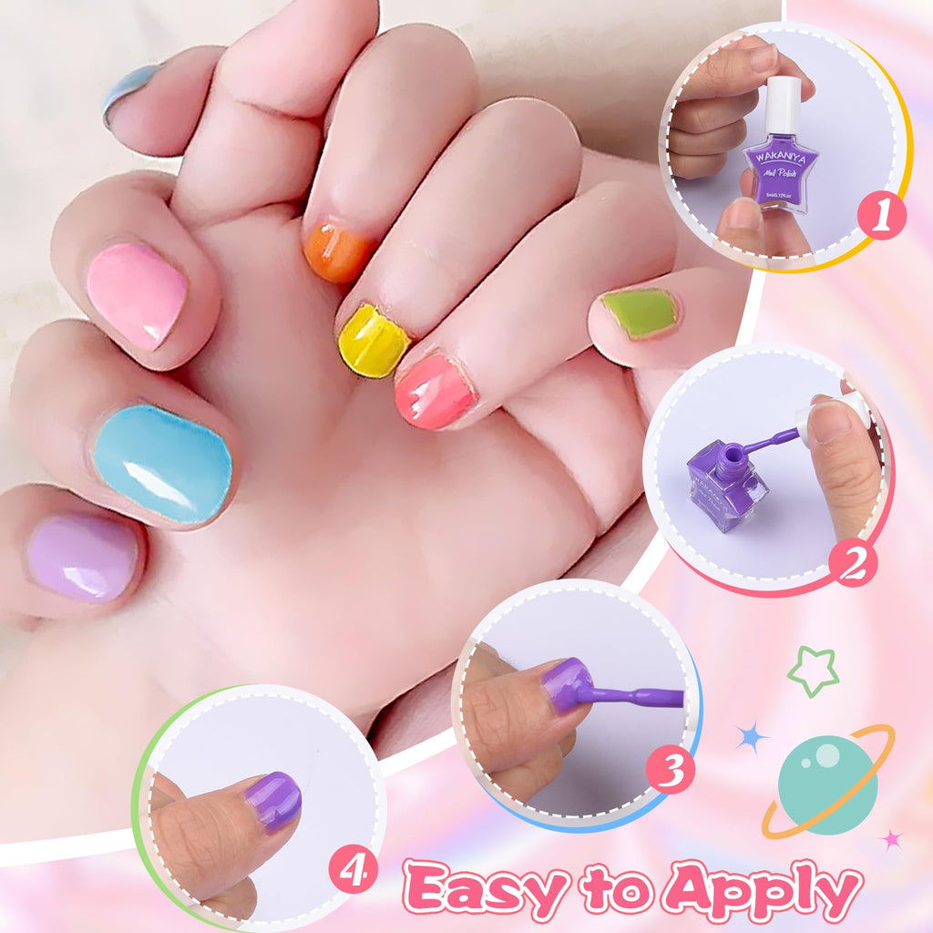 wakaniya Kids Nail Polish Set for Girls, Non Toxic Low Odor Water Base Nail Polish with Stickers, 12 Rainbow Colors Quick Drying Peel off Nail Varnish Kit for Kids Toddlers 3+