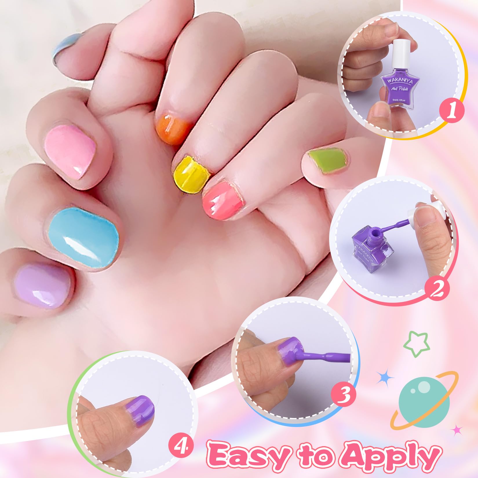 wakaniya Kids Nail Polish Set for Girls, Non Toxic Low Odor Water Base Nail Polish with Stickers, 12 Rainbow Colors Quick Drying Peel off Nail Varnish Kit for Kids Toddlers 3+