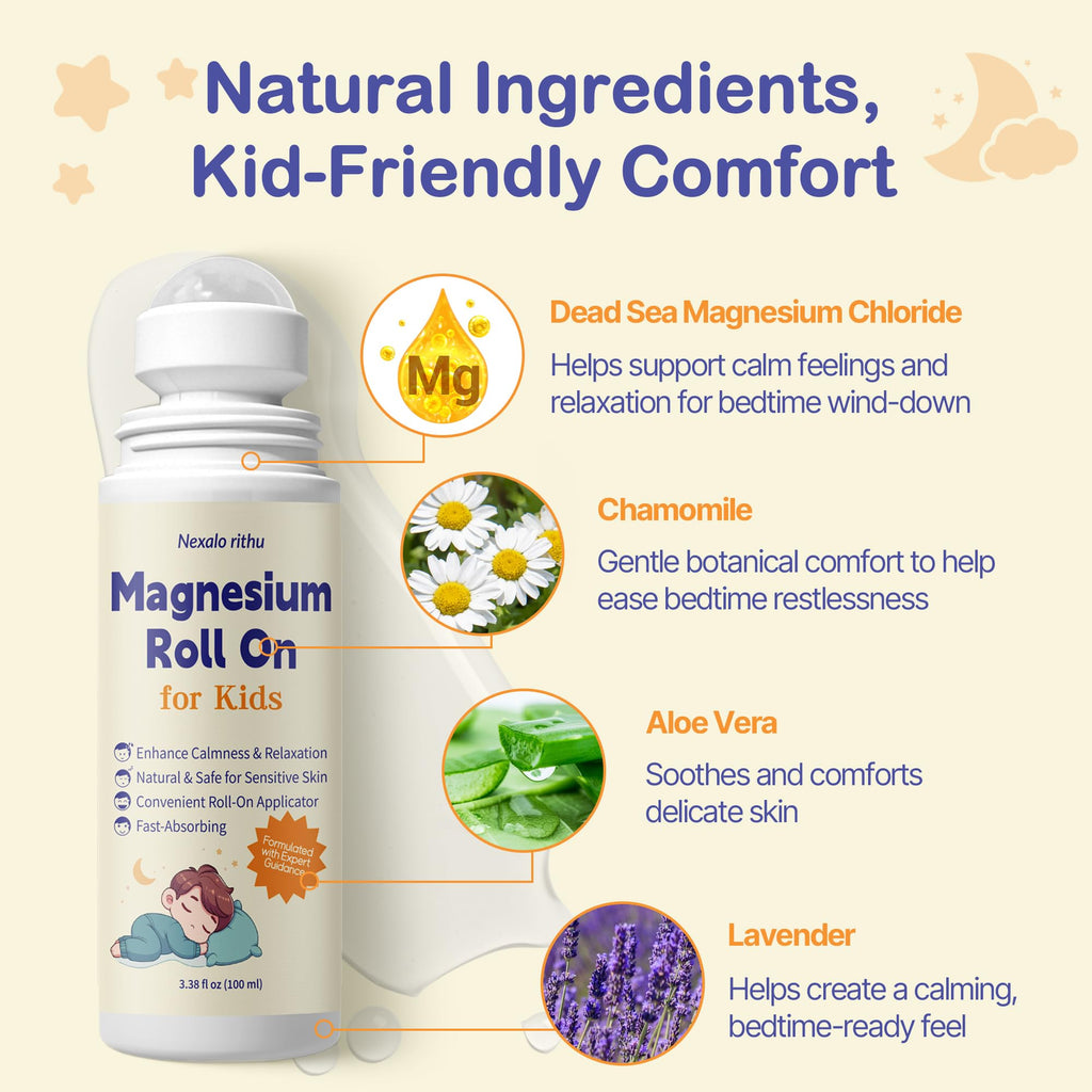 Magnesium Roll-On for Kids with Dead Sea Magnesium Chloride, Calming Routine & Muscle Comfort Support, Fast-Absorbing Non-Greasy, with Chamomile & Aloe, 3.38 fl oz