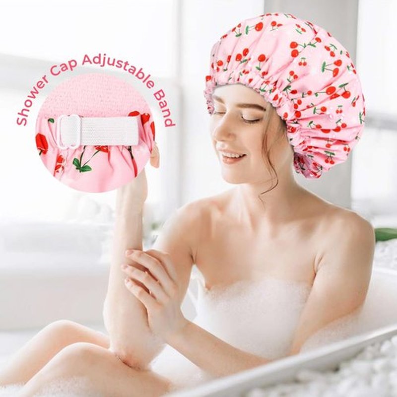 Skiennix Shower Cap - Terry Lined Waterproof Bath Cap for Long Thick Hair - Pink, Large Size