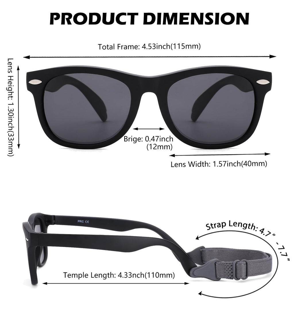 NULOOQ Polarized Baby Sunglasses with Strap - Unbreakable Flexible Infant Sunglasses for Toddlers Age 0-24 Months (Matte Black Frame/Gray Lens)