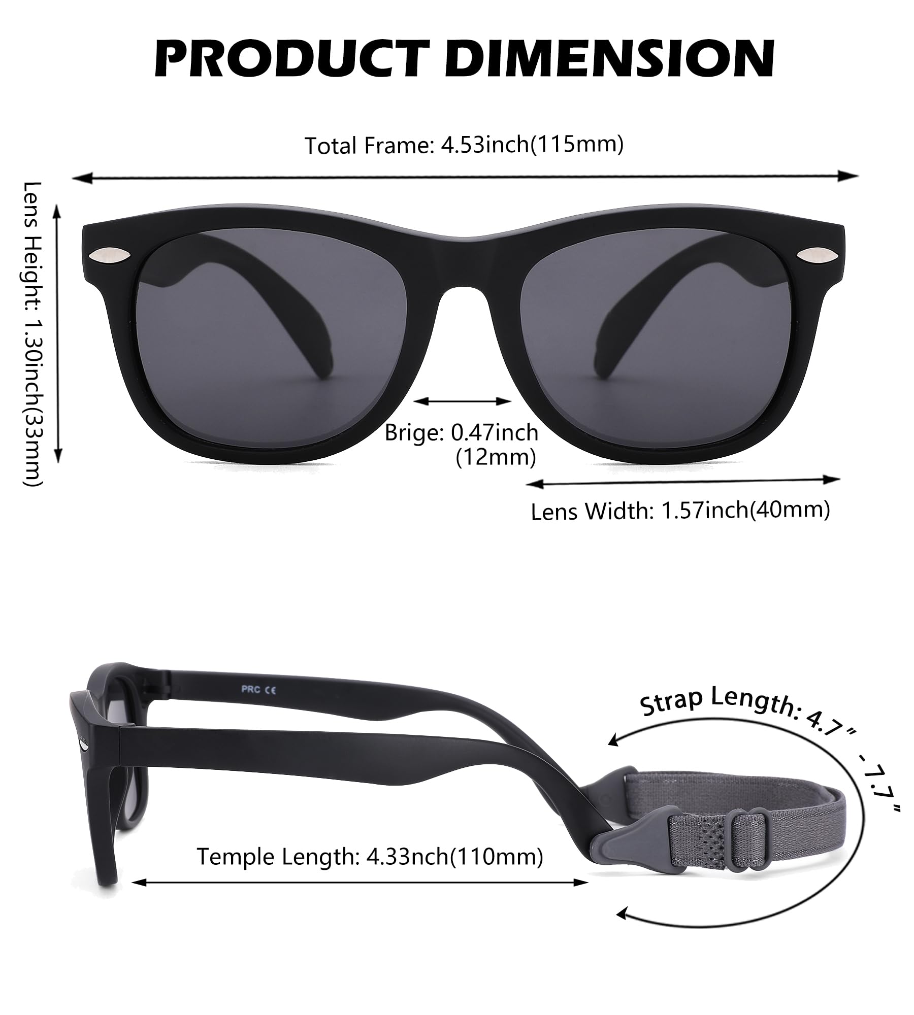 NULOOQ Polarized Baby Sunglasses with Strap - Unbreakable Flexible Infant Sunglasses for Toddlers Age 0-24 Months (Matte Black Frame/Gray Lens)