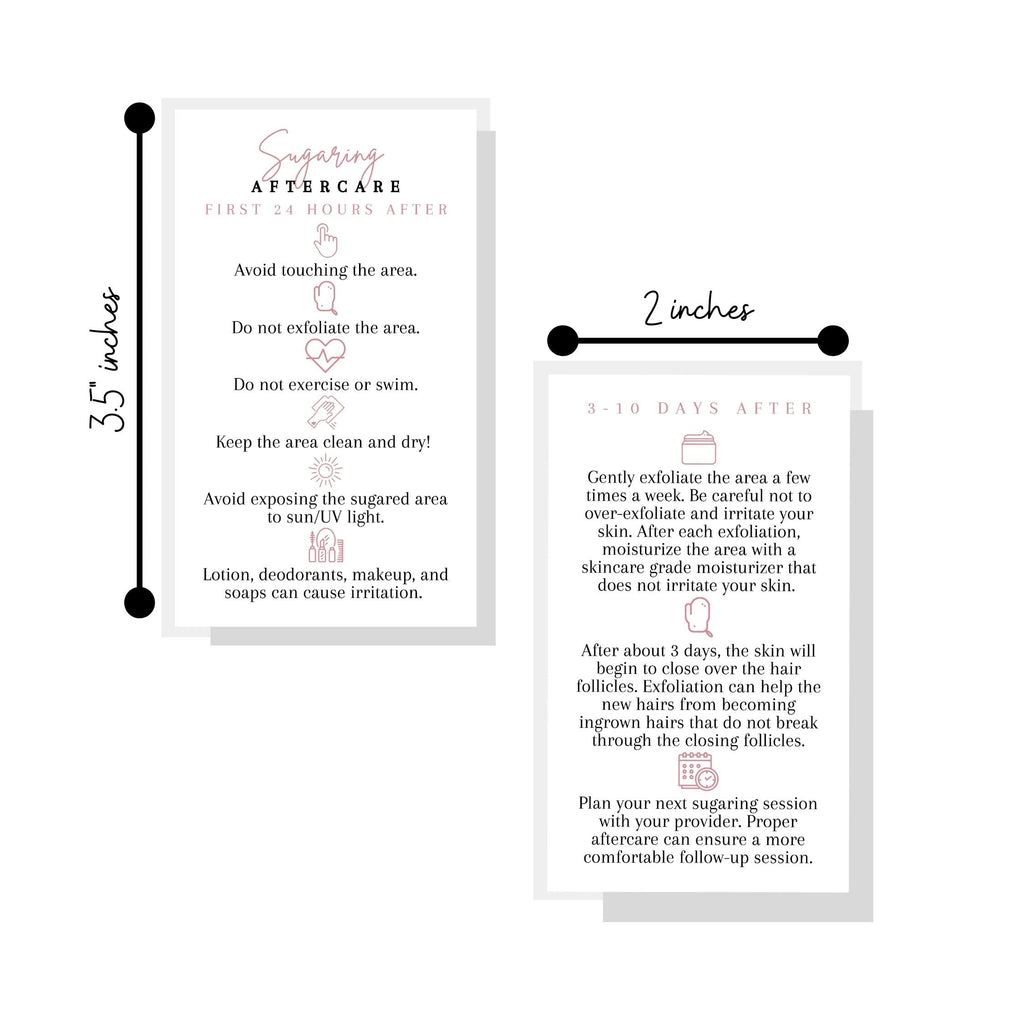 Sugaring Hair Removal Aftercare Cards | 50 Pack | 2x3.5” in Business Card | Sugaring Hair Removal Supplies | Waxing Supplies | White Card Design