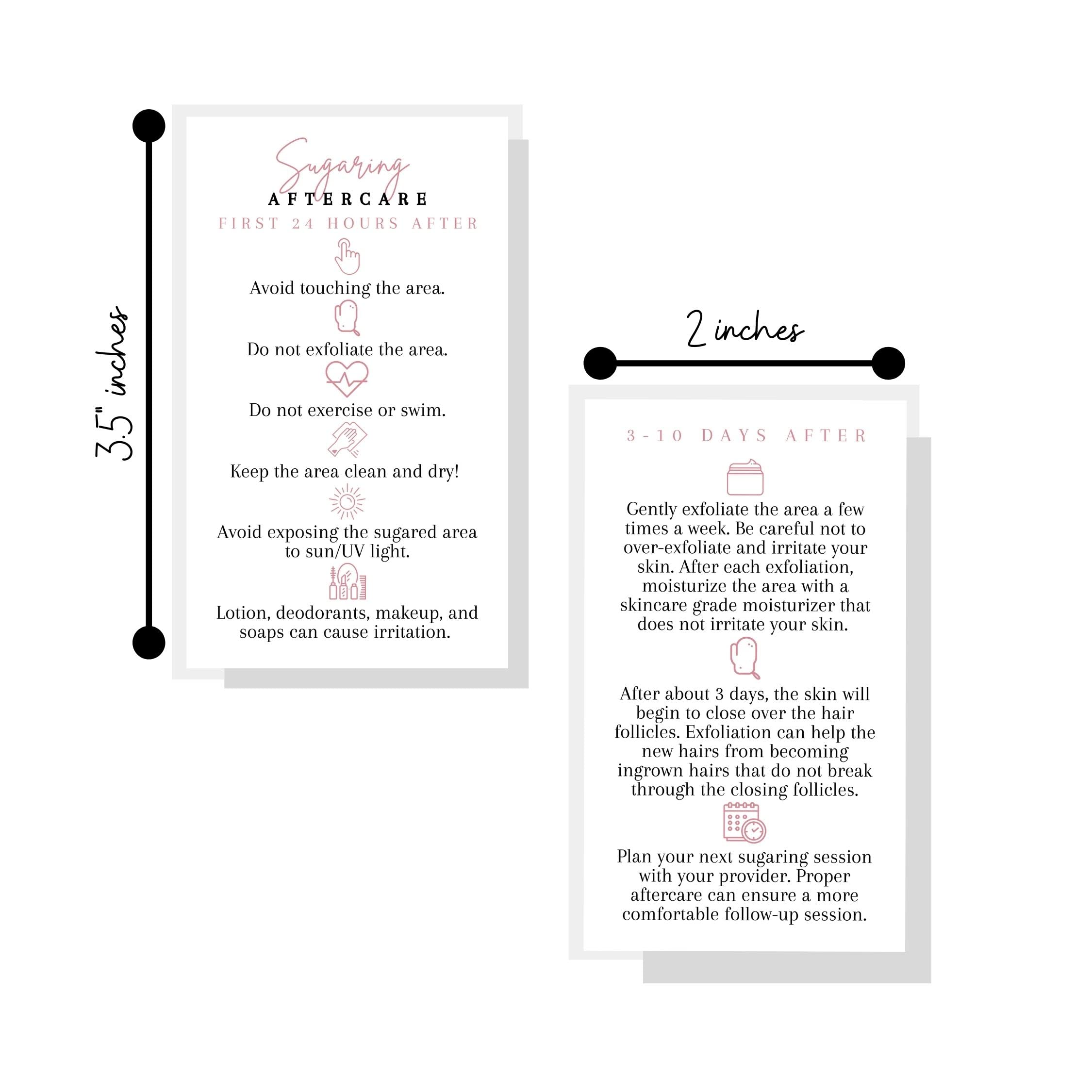 Sugaring Hair Removal Aftercare Cards | 50 Pack | 2x3.5” in Business Card | Sugaring Hair Removal Supplies | Waxing Supplies | White Card Design