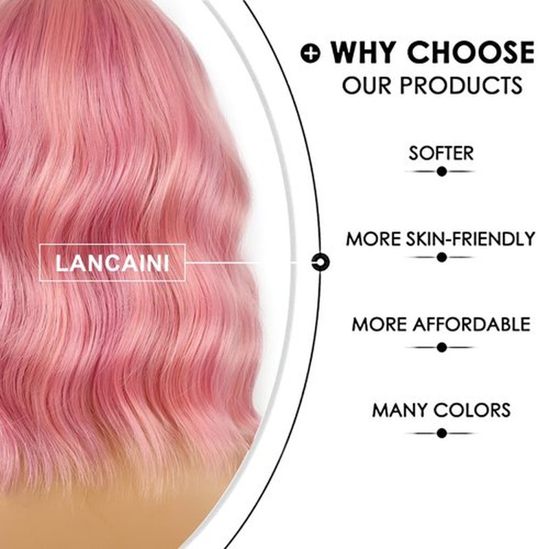 LANCAINI Short Bob Wigs with Bangs for Women Loose Wavy Wig Curly Wavy Shoulder Length Bob Synthetic Cosplay Wig for Girl Colorful Costume Wigs (Lovely Pink)