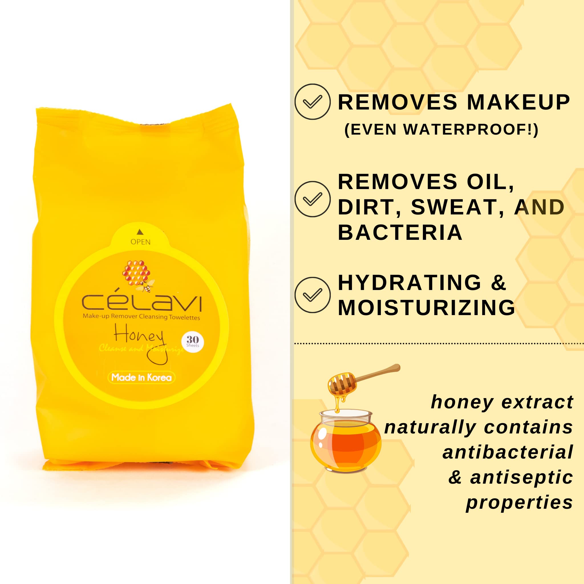 Celavi Makeup Remover Cleansing Wipes Removing Towelettes 2 Packs - 60 Sheets (Honey)