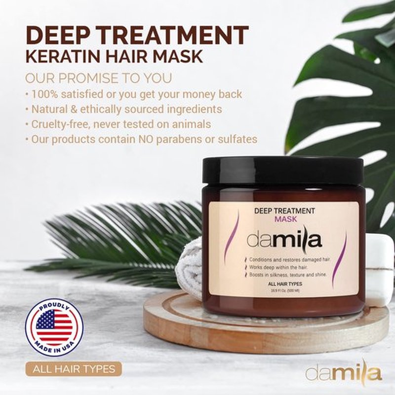 Damila Keratin Hair Mask - Deep Conditioning Treatment for Dry, Damaged Hair - 16.9 Fl. Oz | Restores Silkiness & Shine