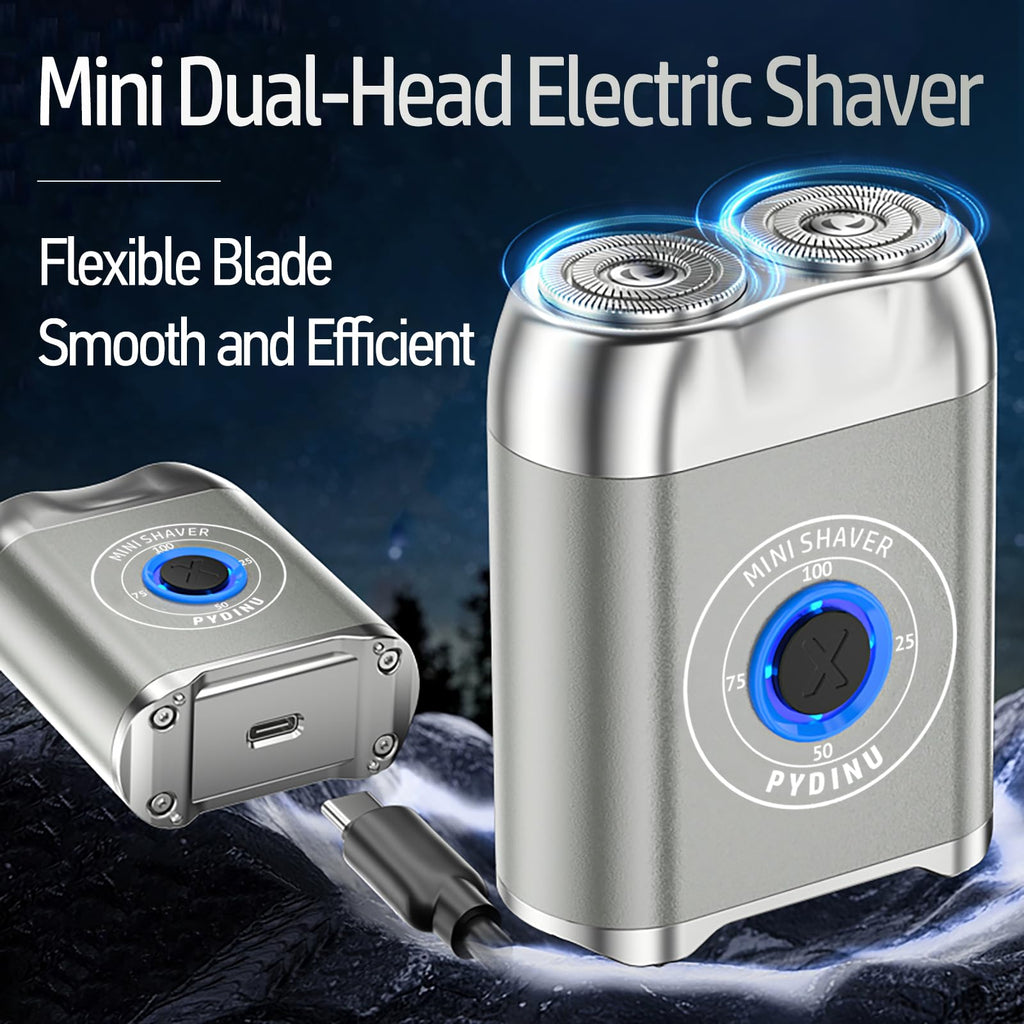 Electric Shaver, Travel Portable Beard Trimmer for Men, Alloy Pocket Dual-Head Electric Shaver, IPX7 Waterproof Mini Razor, USB C Rechargeable (Silver)