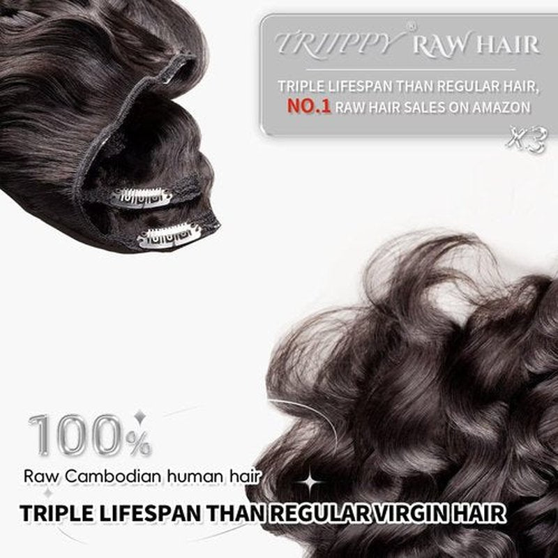 TRIIPPY Raw Cambodian Hair Clip in Hair Extensions,Triple Lifespan than Regular Virgin Hair,Keep Texture And Smooth after Long Time Used,100% Raw Hair Body Wave 18 Inch 8-pcs 120g Nature Black
