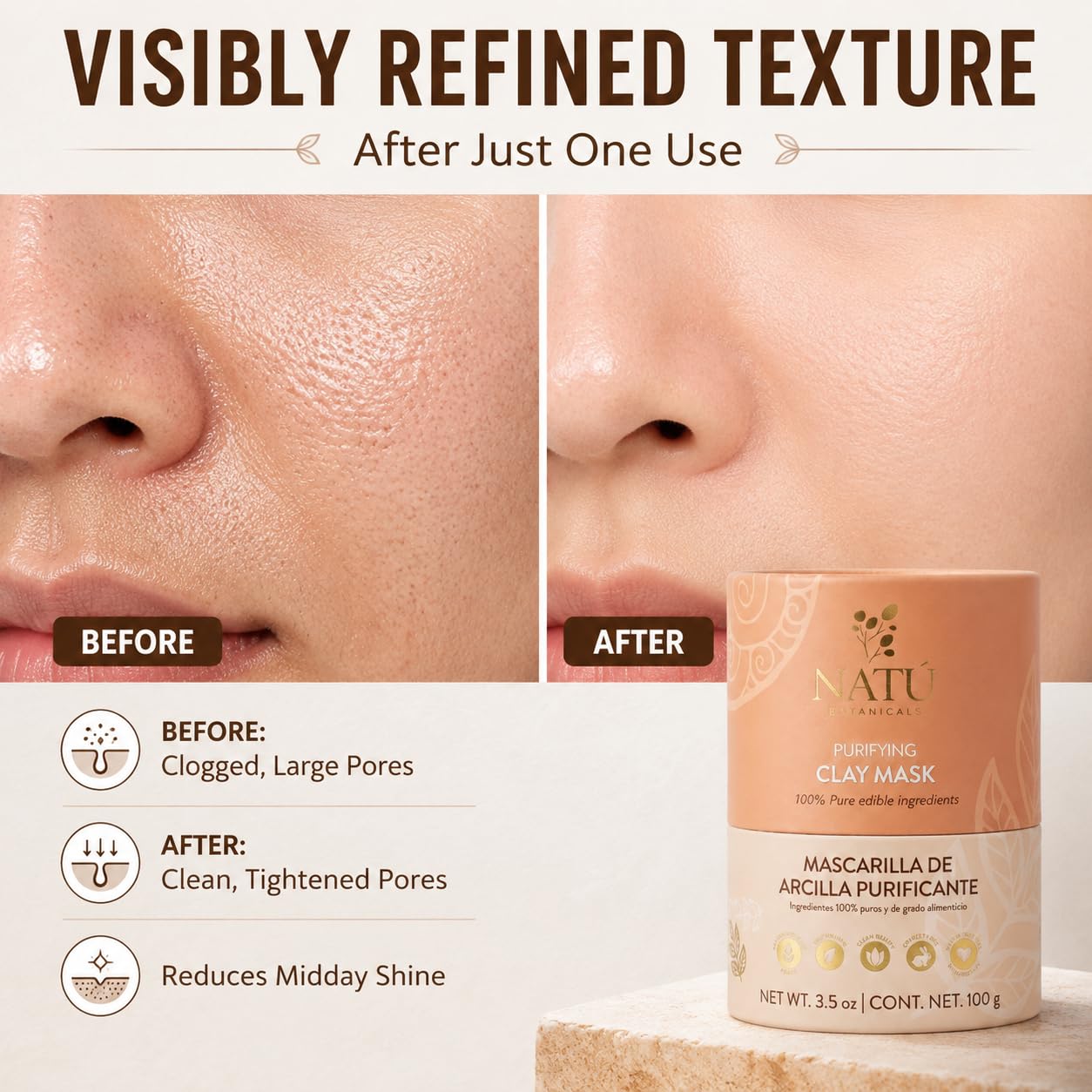 NATÚ BOTANICALS Purifying Bentonite Clay Powder Mask for Face – Deep Pore Cleansing, Oil Control, Helps Tighten, Clarify & Skin Refining Hydrating for Oily, Combination & Sensitive Skin