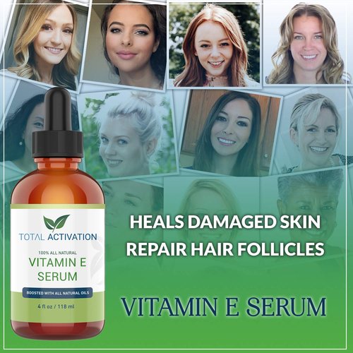 Total Activation Vitamin E Face Serum – Organic Vitamin E Oil 100% Pure, Cold Pressed for Skin, Face, Hair & Nails – Moisturizer for Dry Skin, Scars & Anti-Aging – for Glowing Skin – 4 oz