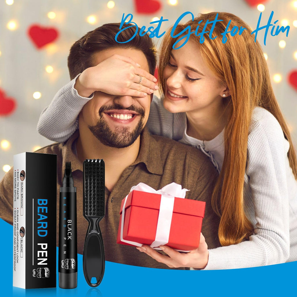 Beard Pencil Filler for Men Black - Beard Pen with Brush, Barber Pencil Smudge-proof & Water-proof Mens Grooming Kits Creating Natural Beard Color, Gifts for Men (Black)