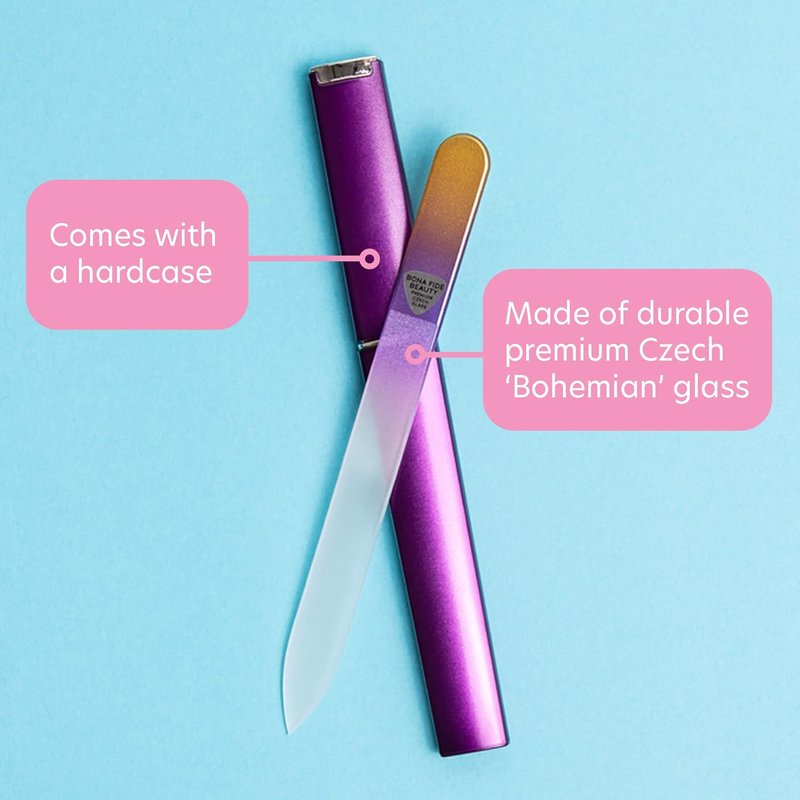 Bona Fide Beauty - Premium Czech Glass Fingernail File with Case - Gentle & Durable Manicure Tool | Gold Violet
