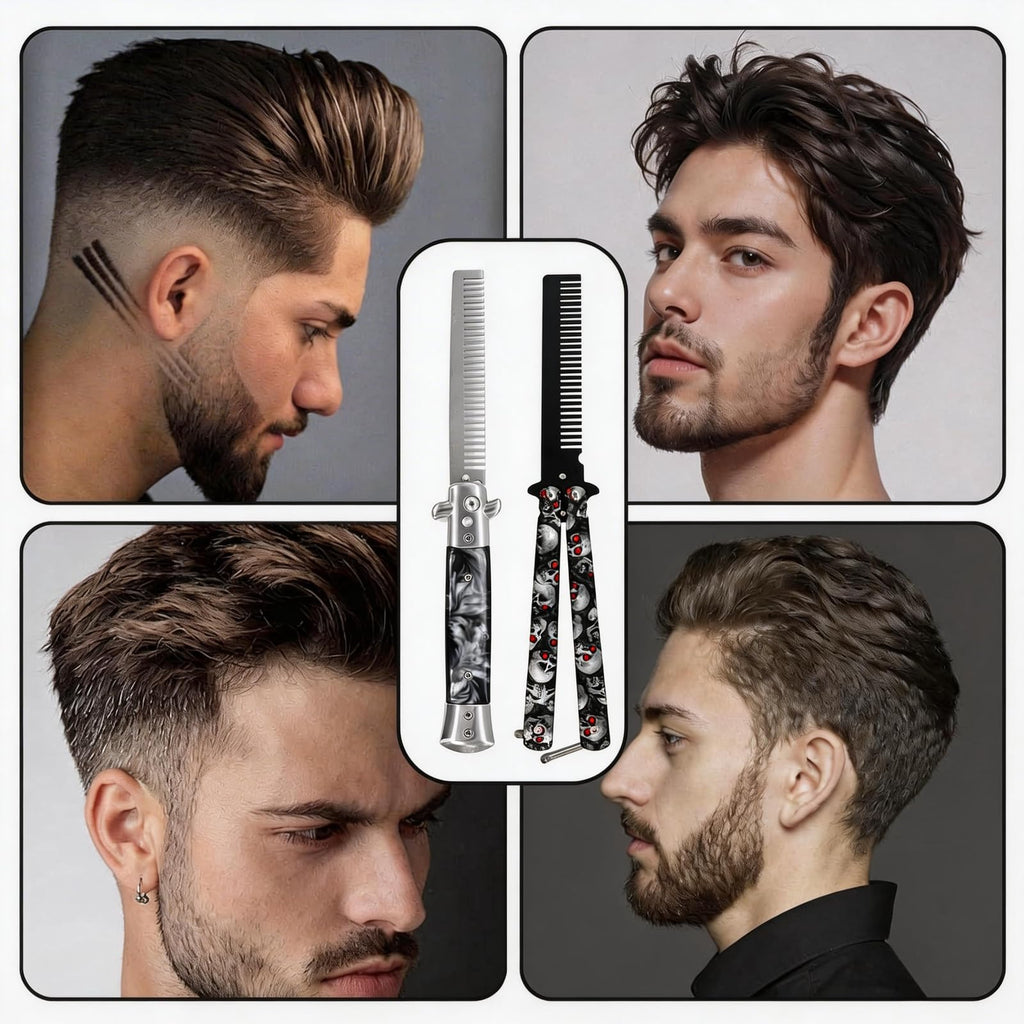 2 Pack Automatic Switch Folding Practice Combs, Stainless Steel Butterfly Comb, Switchblades Comb, Outdoor Training Pocket Combs, Hair Brush for Beard, Mustache, Hair Styling Tools(Skull)