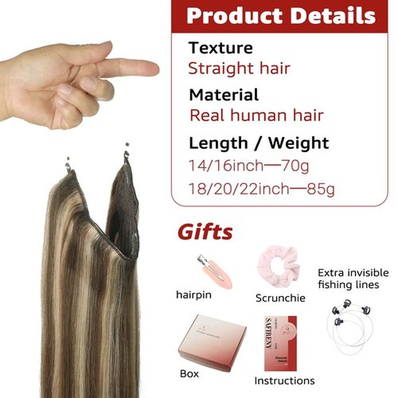 SAFIRENY Wire Hair Extensions 70g Straight Human Hair Wire Extensions Natural Black Invisible Wire Hair Extensions Real Human Hair Black Hair Extensions for Women 14inch(#1B-14inch)