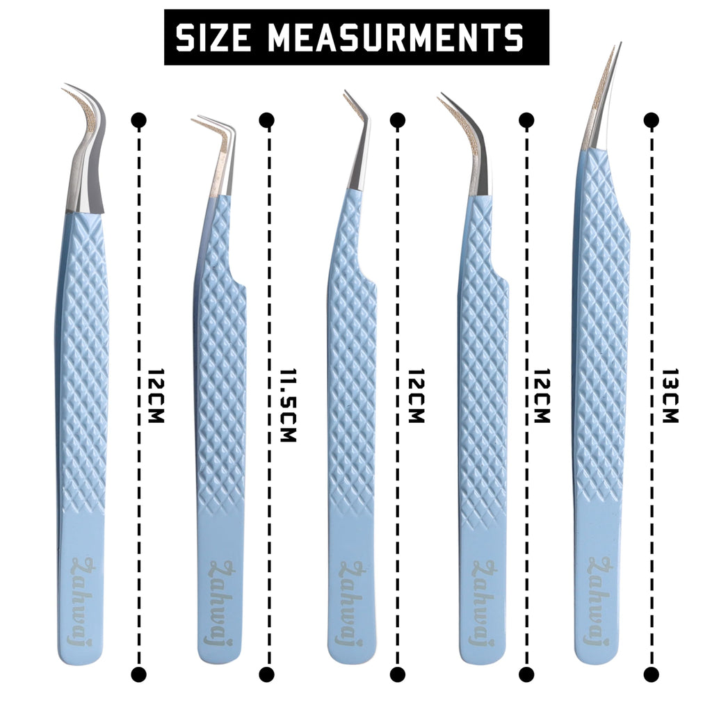 ZAHWAJ Fiber Tip Lash Tweezers - Set of 5 Diamond Grip Eyelash Extension Tweezers, Japanese Stainless Steel Tweezers Set for Volume, Isolation & Classic Lashes (Blue)