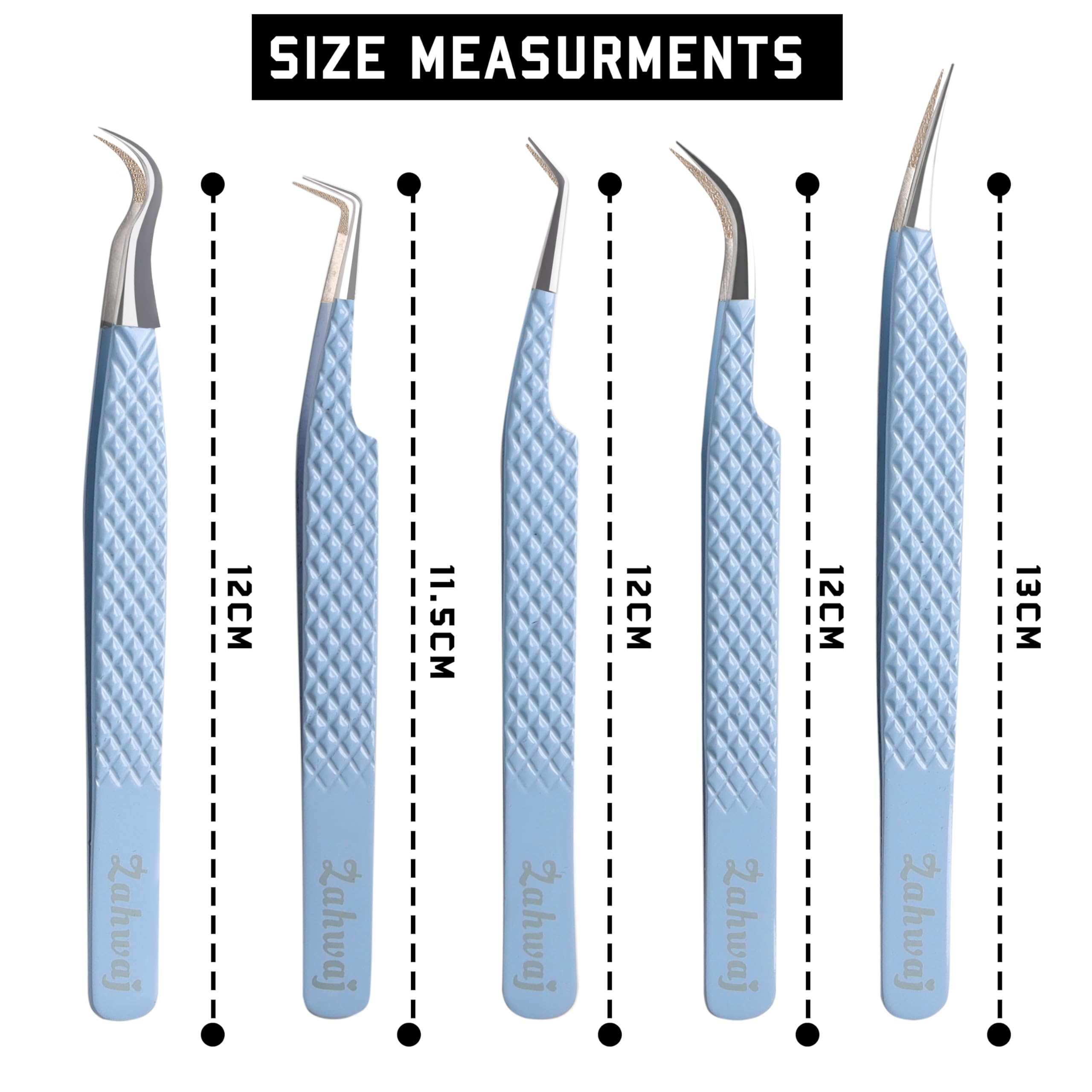 ZAHWAJ Fiber Tip Lash Tweezers - Set of 5 Diamond Grip Eyelash Extension Tweezers, Japanese Stainless Steel Tweezers Set for Volume, Isolation & Classic Lashes (Blue)