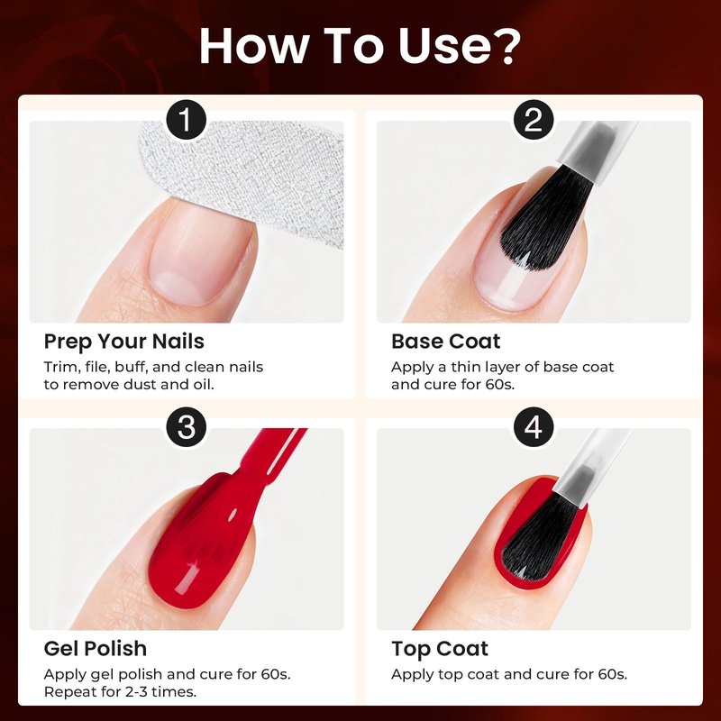 zooni Gel Polish 8 Pcs Hema-free Red purple dark red Gel Nail Polish Set 6 colors with Base & Top Coat UV LED High Gloss Soak Off DIY Salon Set