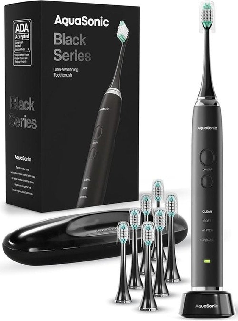Aquasonic Black Series Ultra Whitening Toothbrush - ADA Accepted Electric Toothbrush | 8 Brush Heads & Travel Case, 40,000 VPM Motor