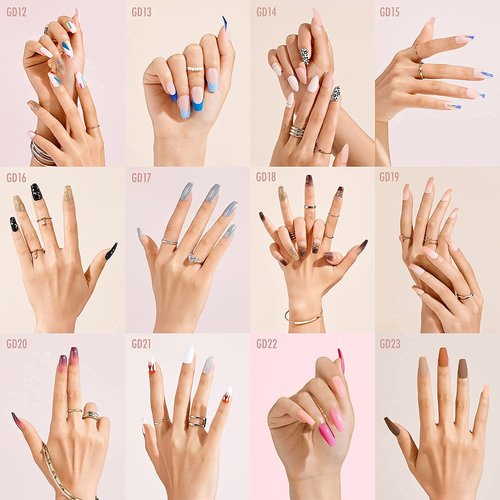 Gold Finger Gel Glam Press On Design Nail Kit, Black and Gold Artsy Design, Polish Free Manicure Long Length (GD16) Long lasting, Sturdy, Mini Glue Included