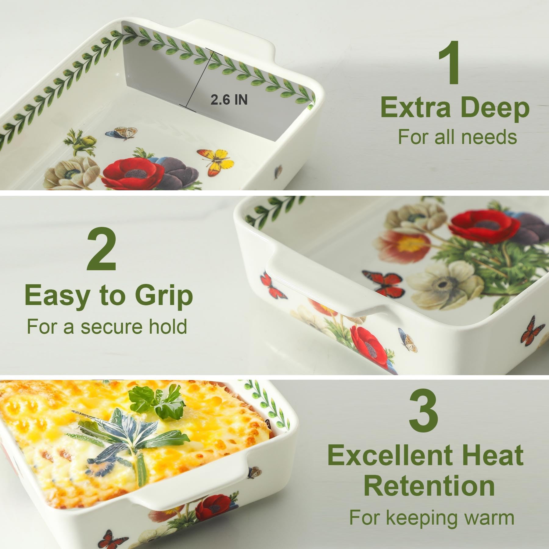 Howise Ceramic Papaver rhoeas Baking Casserole Dish with Handles, Large 2 pieces 8x13 inch & 6x10 inch Lasagna Baking Dish and Middle Flower Andplant Baking Pan,Porcelain Serving Bakeware Set