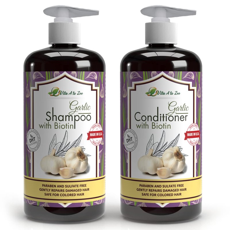 Vita A to Zee Garlic Hair Shampoo & Conditioner with Anti DHT Blocker – Garlic Natural Hair Treatment for Hair Growth, Loss, Thinning & Itchy Scalp – Sulfate & Paraben Free, Cruelty Free & Vegan