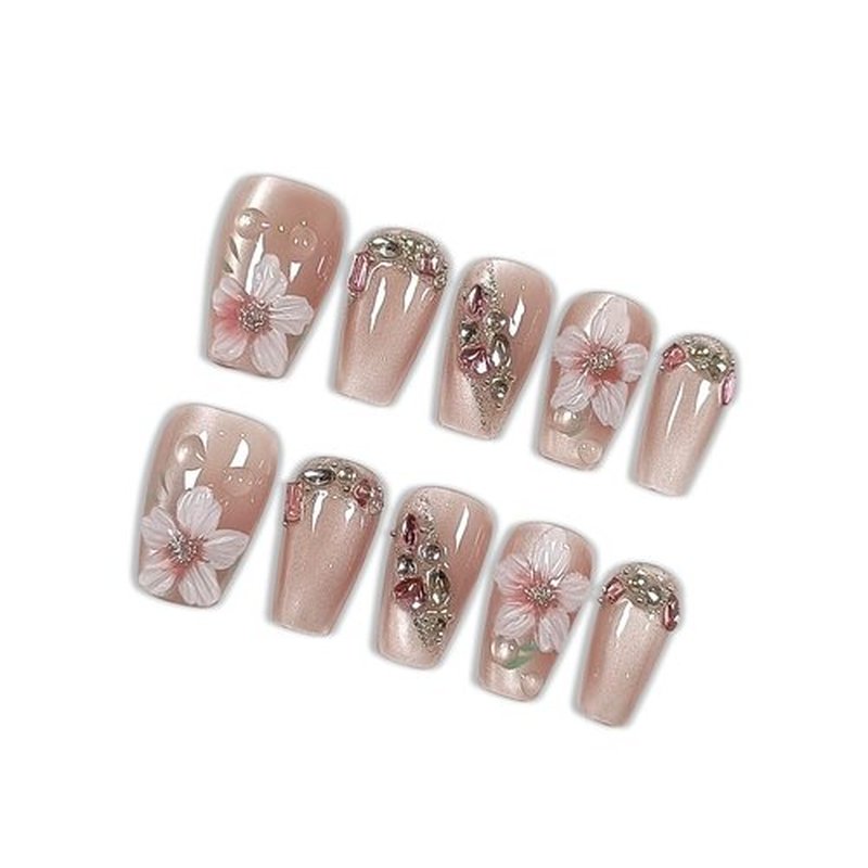 Hantyer Press On Nail Kits - 10pcs Handmade Acrylic False Nails In Pink With Flowers, Short Coffin Shape, Rhinestone And 3D Cat Eye Design For Women - Multi-Layer Gel, Reusable Salon Nails