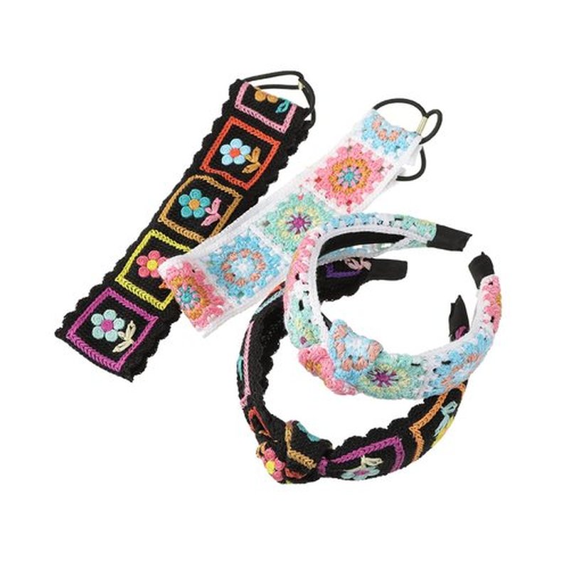 LIANXUE Floral Knitted Headband for Women Stretch Turban Floral Crocheted Granny-Square Ethnic Style Tie Head Wrap Headband