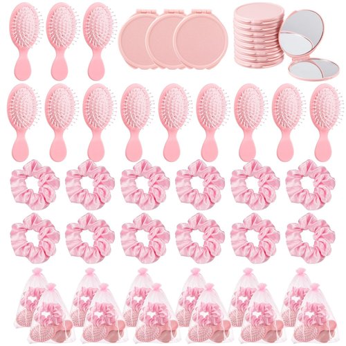Tideme 48 Pcs Pink Party Favors, Pink Makeup Party Supplies, Including Hair Brushes, Elastic Scrunchies, Pocket Cosmetic Mirrors, and Organza Bags, Makeup Brush Accessories (48PCS)
