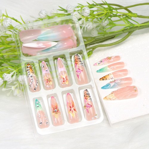 Long Press on Nails Almond Fake Nails French Tip False Nails with 3D Flower Rhinestones Leopard Designs Colorful Acrylic Nails for Women 24Pcs
