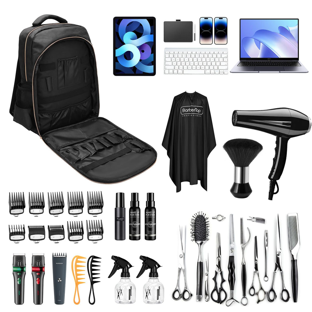 Barber Backpack for Men Women, Professional Barber Bag Case Organizer for Clippers and Supplies, Portable Cosmetology Hairstylist Travel Backpack with Barber Accessories Cape and Brush (Black)