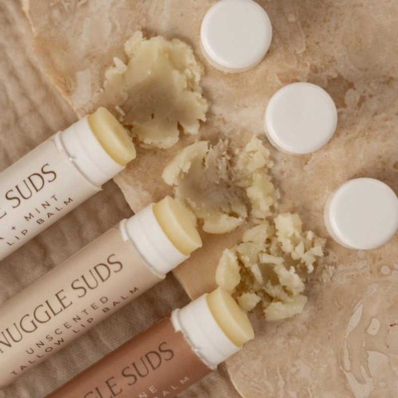 Snuggle Suds Grass-Fed Beef Tallow Lip Balm 3-Pack (0.15 oz Each) - Jojoba & Squalane Oils, Beeswax, Vitamin E, Chamomile & Calendula Infused - Ultra-Hydrating Lip Moisturizer - Variety
