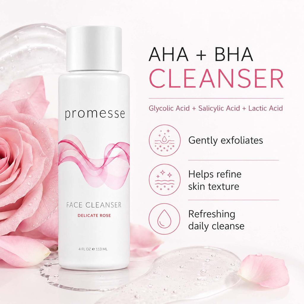 promesse Acne Control Facial Cleanser with Glycolic & Salicylic Acid, Gentle AHA/BHA Exfoliating Cleanser for Acne-Prone & Oily Skin, Rose Scented Hydrating Face Wash, 4 fl oz
