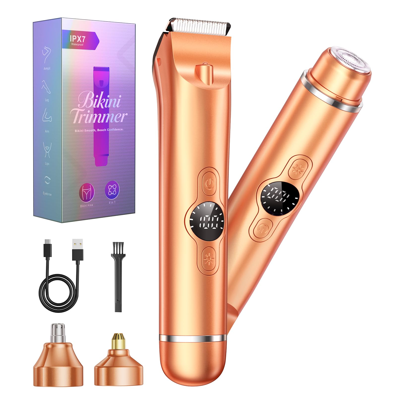 Bikini Trimmer for Women, 4 in 1 Electric Razors for Women - Dual Head, Wet & Dry Use Pubic Body Hair Trimmer Electric Shavers, Rechargeable Womens Facial Razors for Legs, Nose, Armpits, Bikini Area