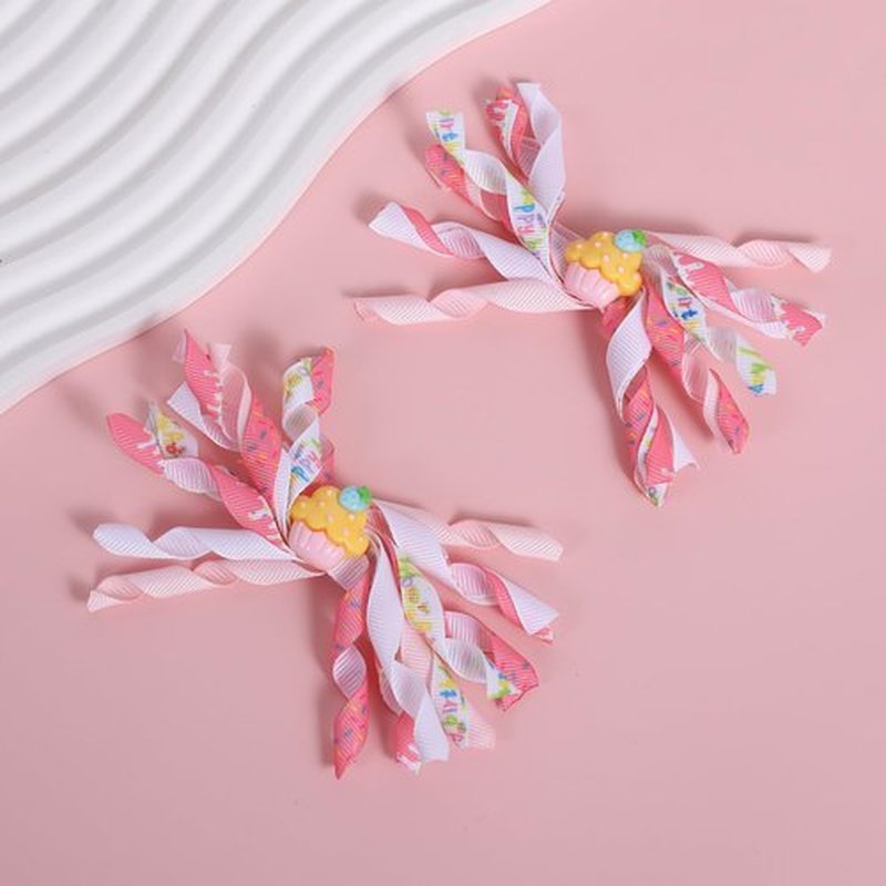 4pcs Happy Birthday Korker Hair Bow Clips for Baby Toddler Girls Ages 1-6, Pink Confetti Sprinkle Curly Ribbon Hairpins Alligator Barrettes,Kids Ice Cream Party Dress Accessory Gift