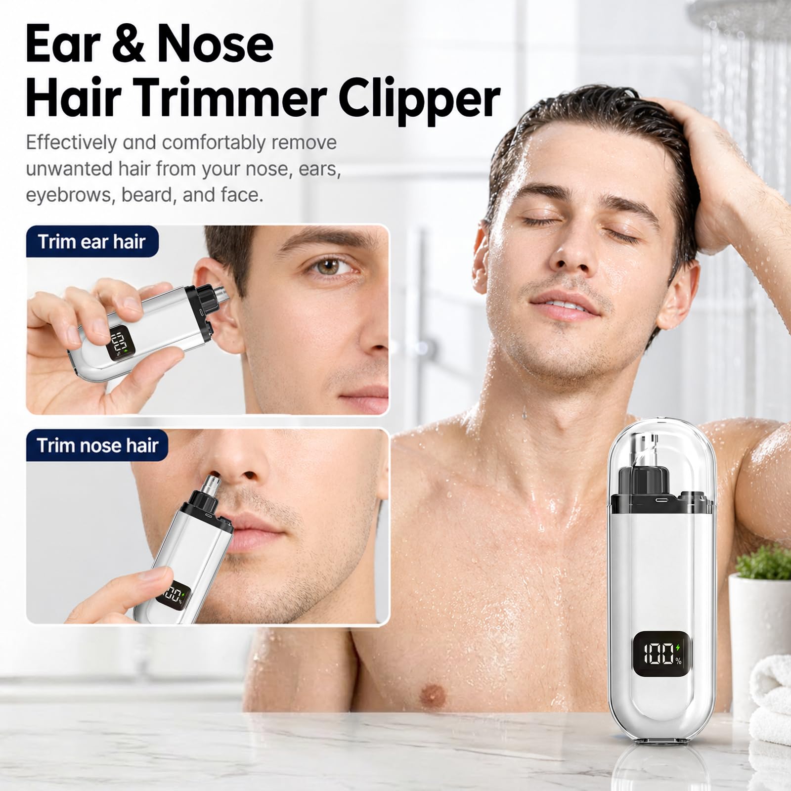 NumberGlow USB Nose and Ear Hair Trimmer for Men and Women Electric Nose Clipper with LED Power Display, Water-Resistant Dual-Edge Blades, High-Speed Motor, Gentle Grooming for Travel, White